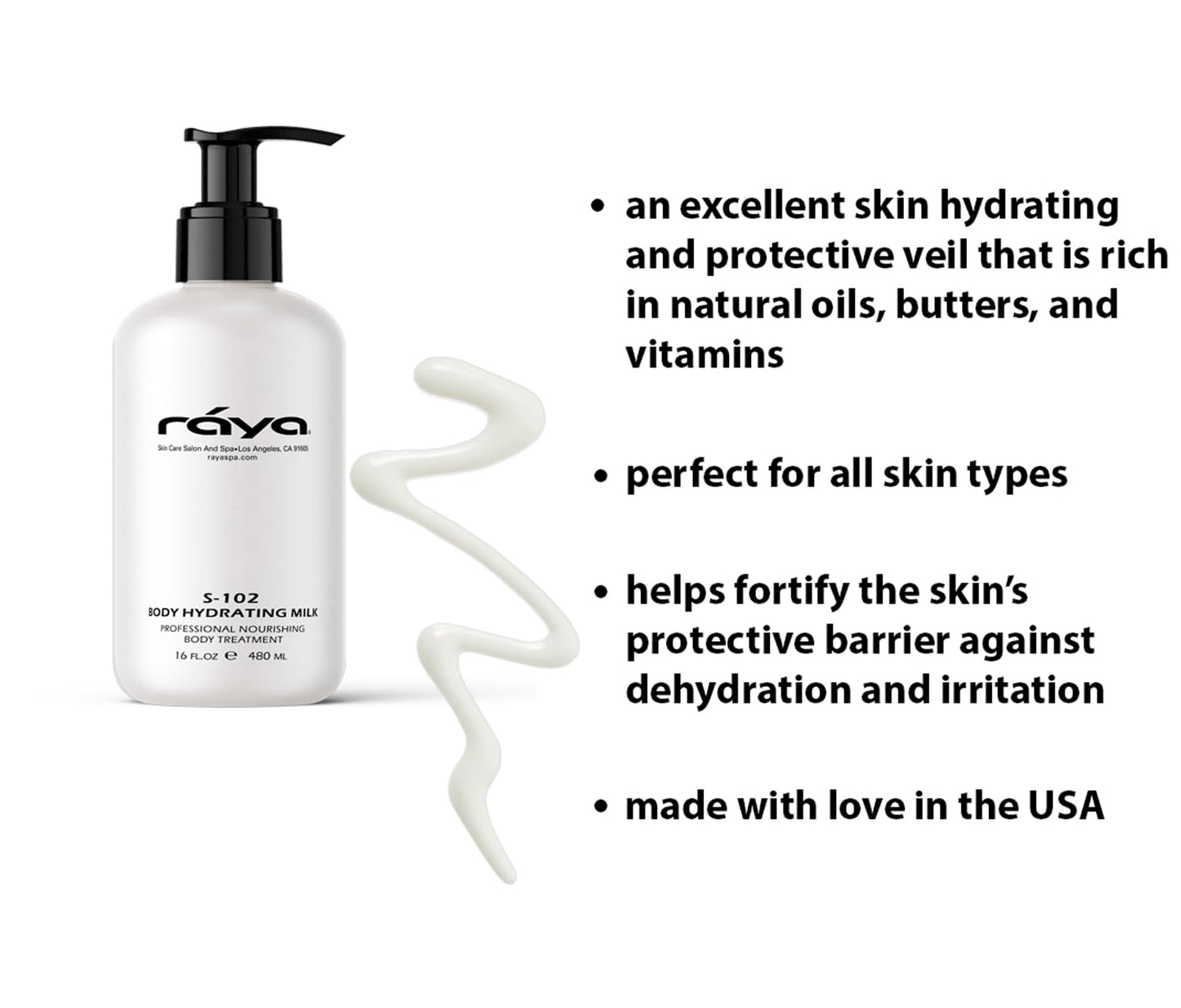 Raya Body Hydrating Milk 16 oz (S-102) | Hydrating, Moisturizing, and Restorative Body Lotion | Rich in Natural Oils, Butters, and Vitamins | Calms and Softens