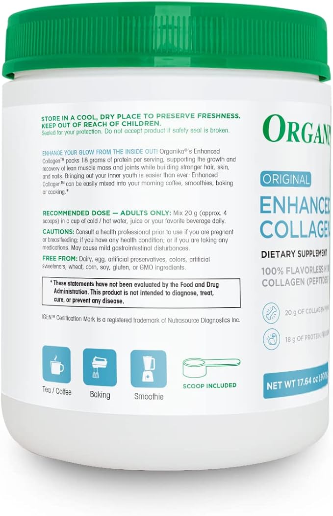 Organika Enhanced Hydrolyzed Collagen Peptides Powder: Easy Absorption Unflavored Collagen Powder for Skin, Hair, Nails, Joints, Muscles, & Gut - Keto, GMO-Free, Grass-Fed - 25 Day Supply
