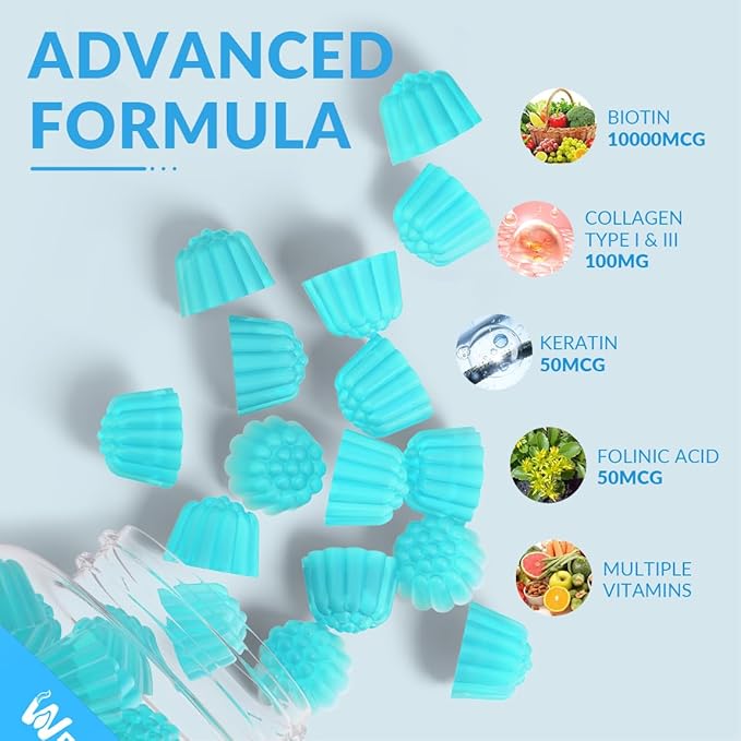 Sugar-Free Biotin Gummies, Biotin and Collagen Gummies with Keratin, Hyaluronic Acid for Women & Men | Hair Growth, Glowing Skin & Strong Nails | Vitamin B7 Supplement, Non-GMO, Chewable