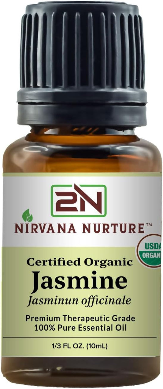 Jasmine Essential Oil USDA Certified Organic 100% Pure Premium Therapeutic Grade, Undiluted - Aromatherapy Diffuser for Calm and Relaxation, Skin Care, Hair Care