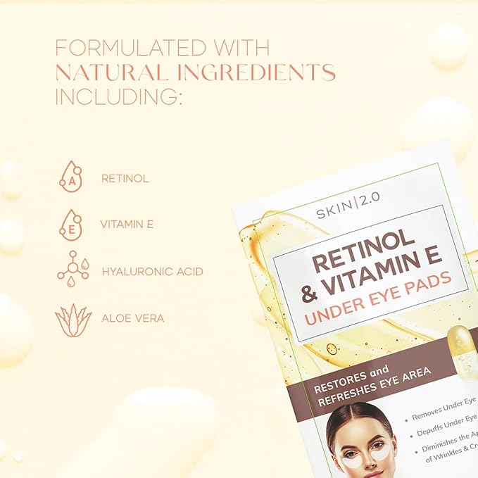 Retinol & Vitamin E Under Eye Patches - Dermatologist Tested - Anti-Aging - Depuffing, Reduce Fine Lines & Wrinkles, Dark Circles - Natural Ingredients - Korean Skin Care - All Skin Types - 5 Pairs