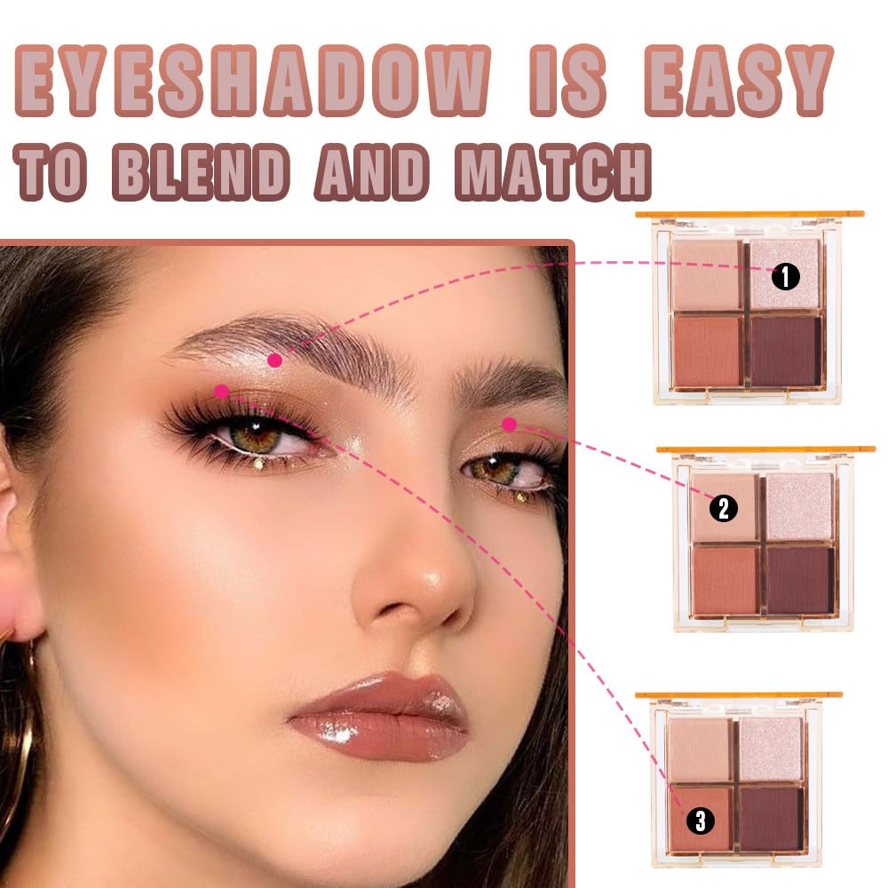 Eyeshadow Quads Blendable Glitter Matte Eyeshadow Palette,Nude Champagne Gold Orange Dark Coffee Sparkly Four Eyeshadow Palette Makeup,Everyday Nature Long-Lasting Waterproof Women Girls Eyeshadow 3#