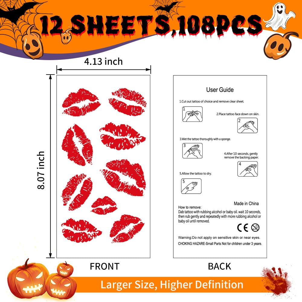 12 Sheets Kiss Tattoos Temporary Stickers, 108 Pcs Red Kiss Lip Print Waterproof Fake Tattoo for Women Girls Kids Face Body Halloween Valentine Gifts, Vampire Makeup, Party Favors, Decorations