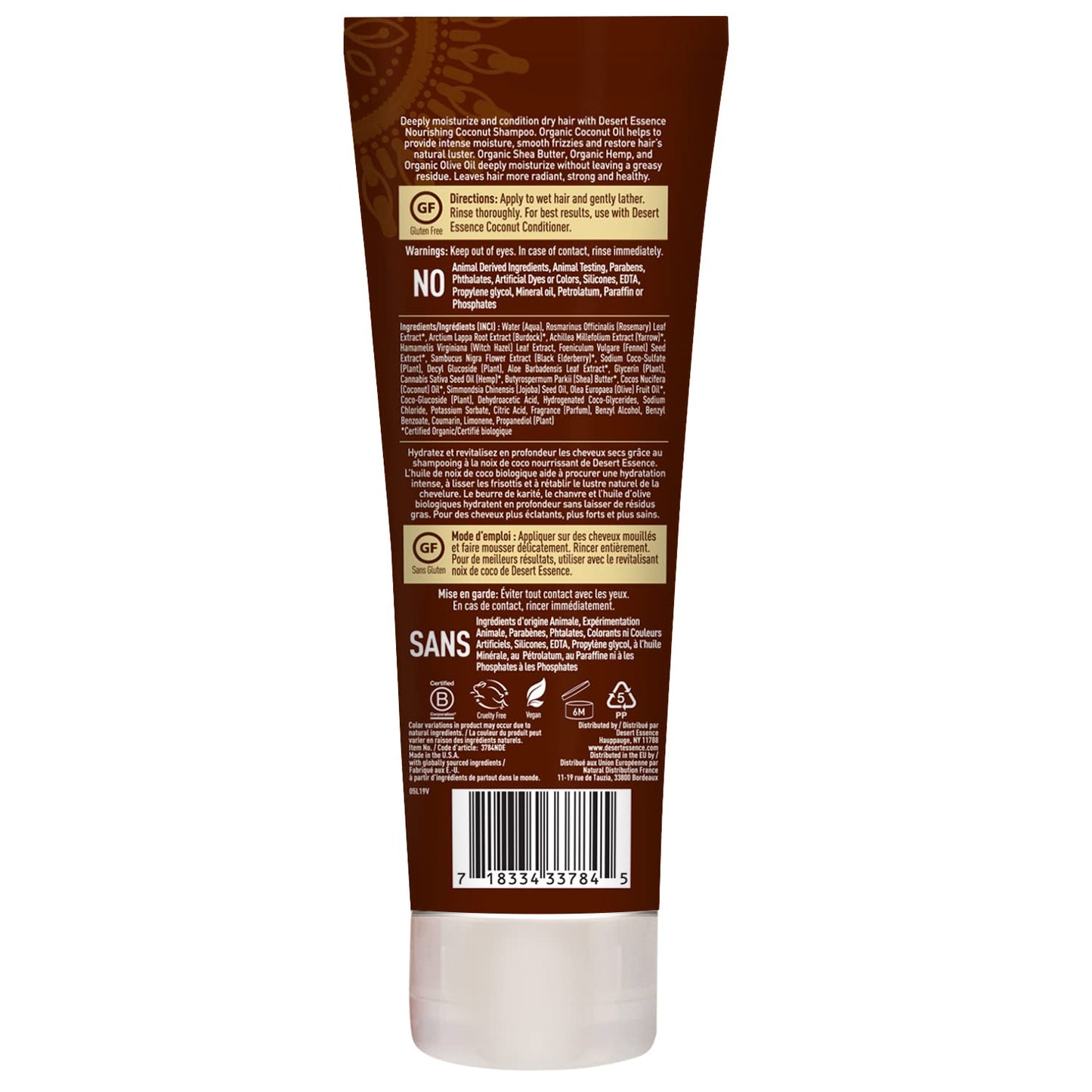 Desert Essence Coconut Shampoo, 8 fl oz - Gluten Free, Vegan, Paraben Free - Nourishing for Dry Hair with Coconut Oil, Shea Butter, & Hemp Oil - Mousturizes & Smooths Frizz 8 fl oz.