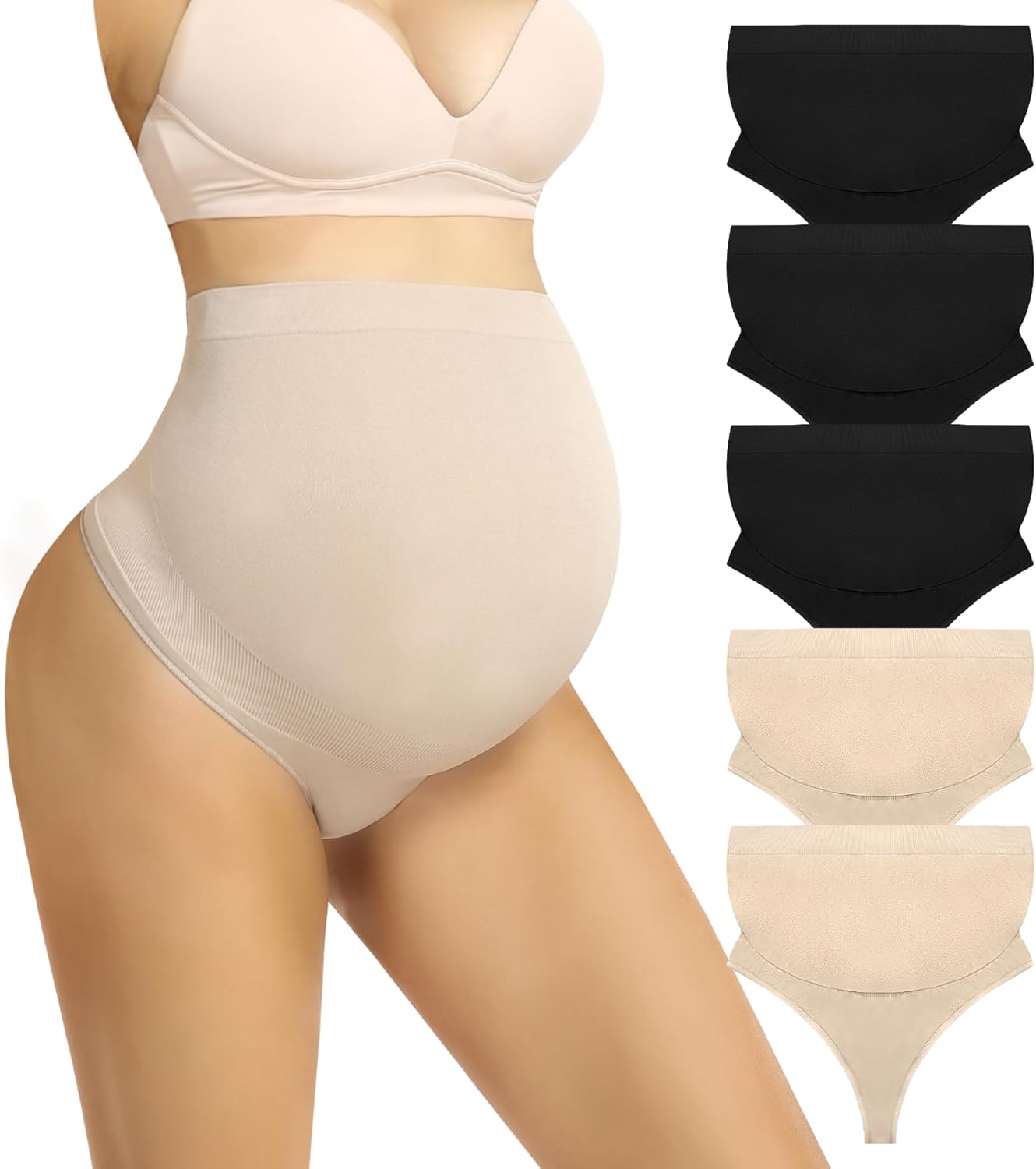 Maternity Underwear Thong for Women, Pregnancy Shapewear Over The Belly Support Seamless Pregnant Panties 5-Pack