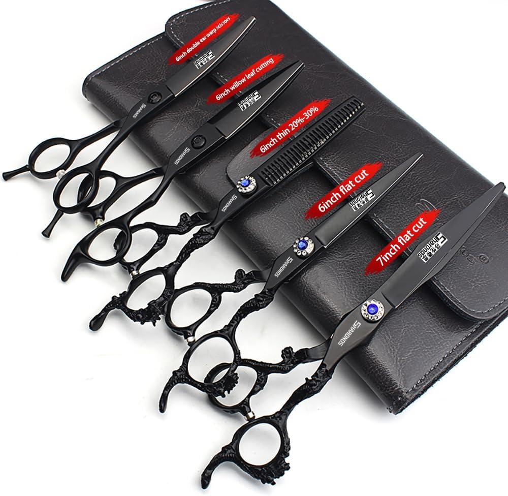 6+7 inch hair stylist barber scissors black plate dragon 440C hairdressing cutting scissors+thinning scissors (5PC)
