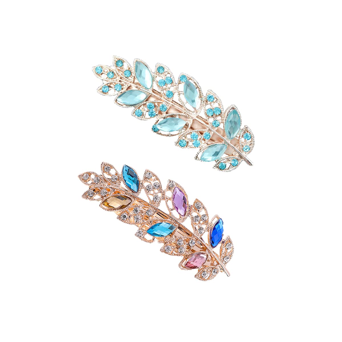 2 Pcs Crystal Rhinestones Hair Clips for Women, Sparkly Glitter Flower Hair Barrettes Metal Spring Hair Pins 8cm, 2-Leaf Multicolor B
