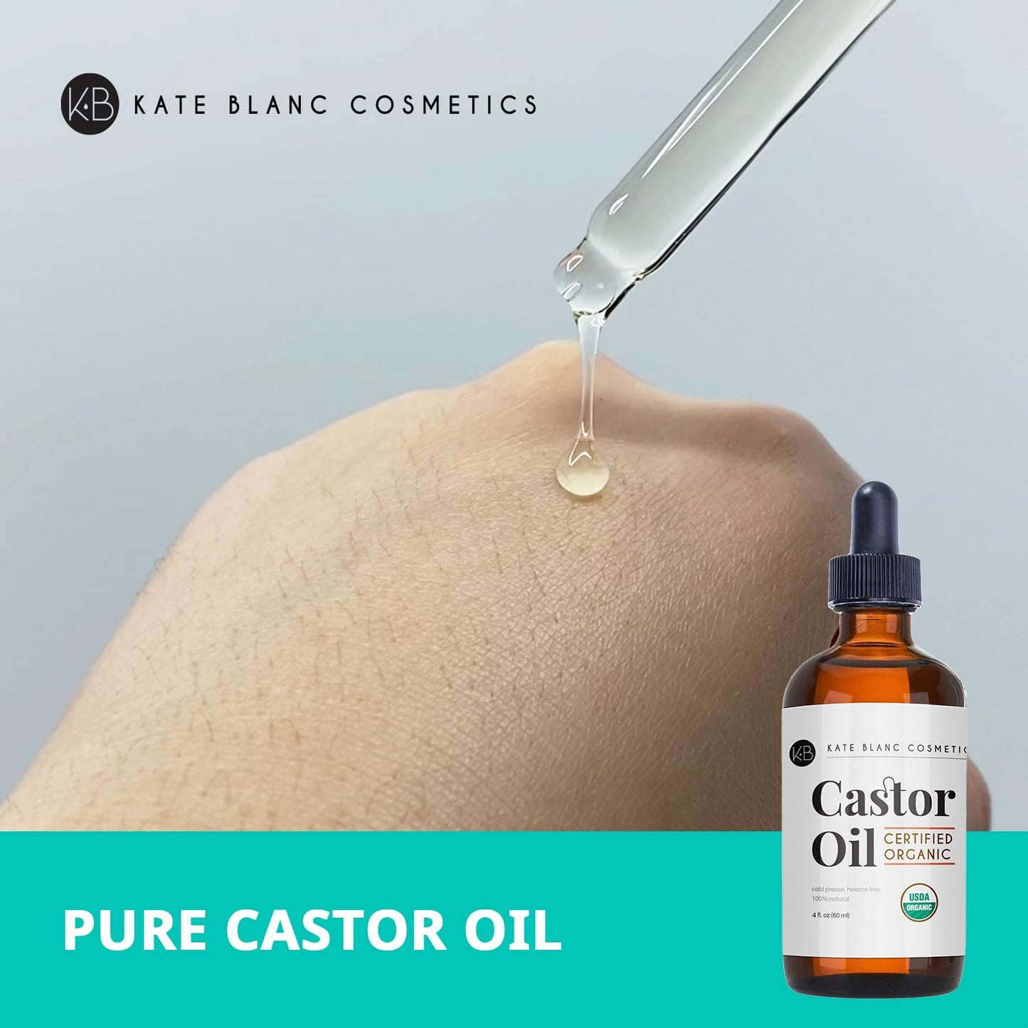 Kate Blanc Cosmetics Castor Oil Organic (4oz), 100% Pure, Cold Pressed, Hexane Free. Natural Oil for Hair, Eyelashes, Eyebrows. Skin Moisturizer with Starter Kit