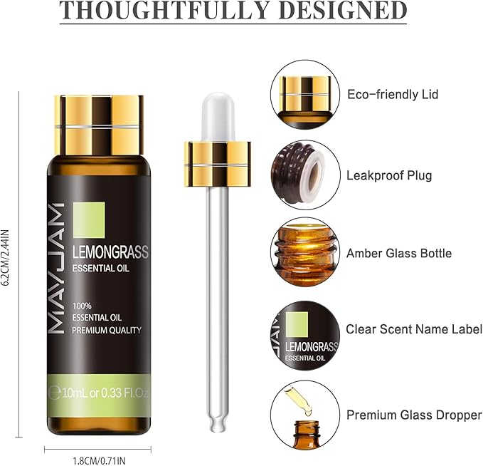 Lemongrass Essential Oil, MAYJAM 10ML/0.33FL.OZ Premium Lemongrass Oils for Soap Candle Making, Diffuser, Bedroom, Living Room, Office
