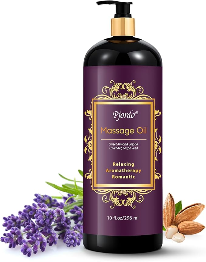 Aromatherapy Lavender Massage Oil, 10 fl oz Relaxing Massage Oil for Massage Therapy with Grape Seed, Sweet Almond & Jojoba, Spa Quality Oils for Soothing, Calming