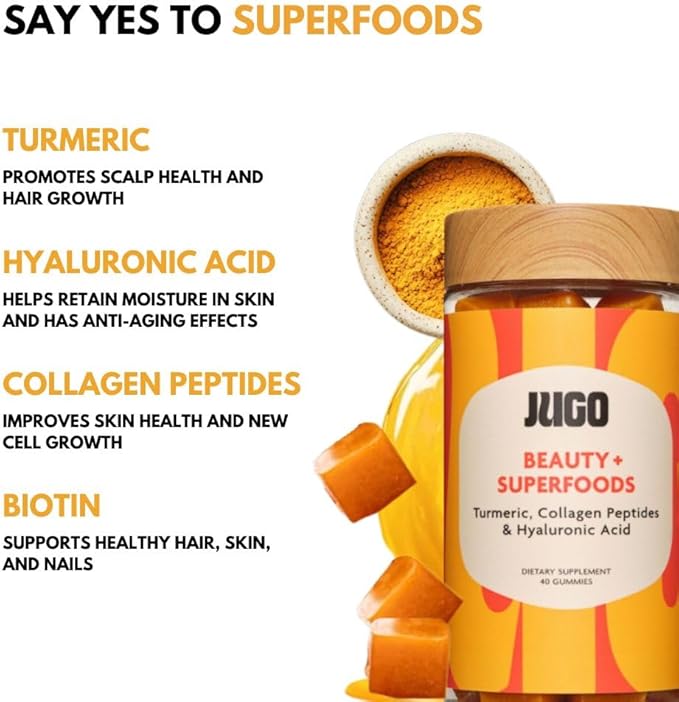 JUGO Beauty + Superfood Gummies | Biotin Collagen for Hair, Skin, and Nails | Biotin 2500 mcg & Hyaluronic Acid | 40 Count | Gelatin-Free, Non-GMO