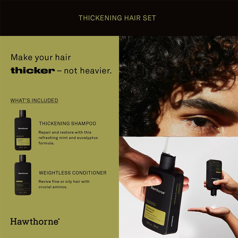 Hawthorne Thickening Shampoo and Conditioner Set. Men’s All Natural Shampoo and Conditioner Set with Thickening Shampoo and Weightless Conditioner. Sulfate Free, Paraben Free. 8 Fl Oz Each.