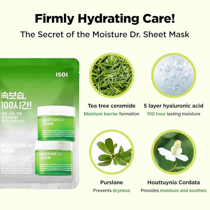 ISOI Moisture Dr. Mask Pack, Hydrating & Soothing Sheet Mask with Tea Tree, Ceramide & Hyaluronic Acid, Nourishing Skin Barrier Care, Korean Skin Care (10EA)