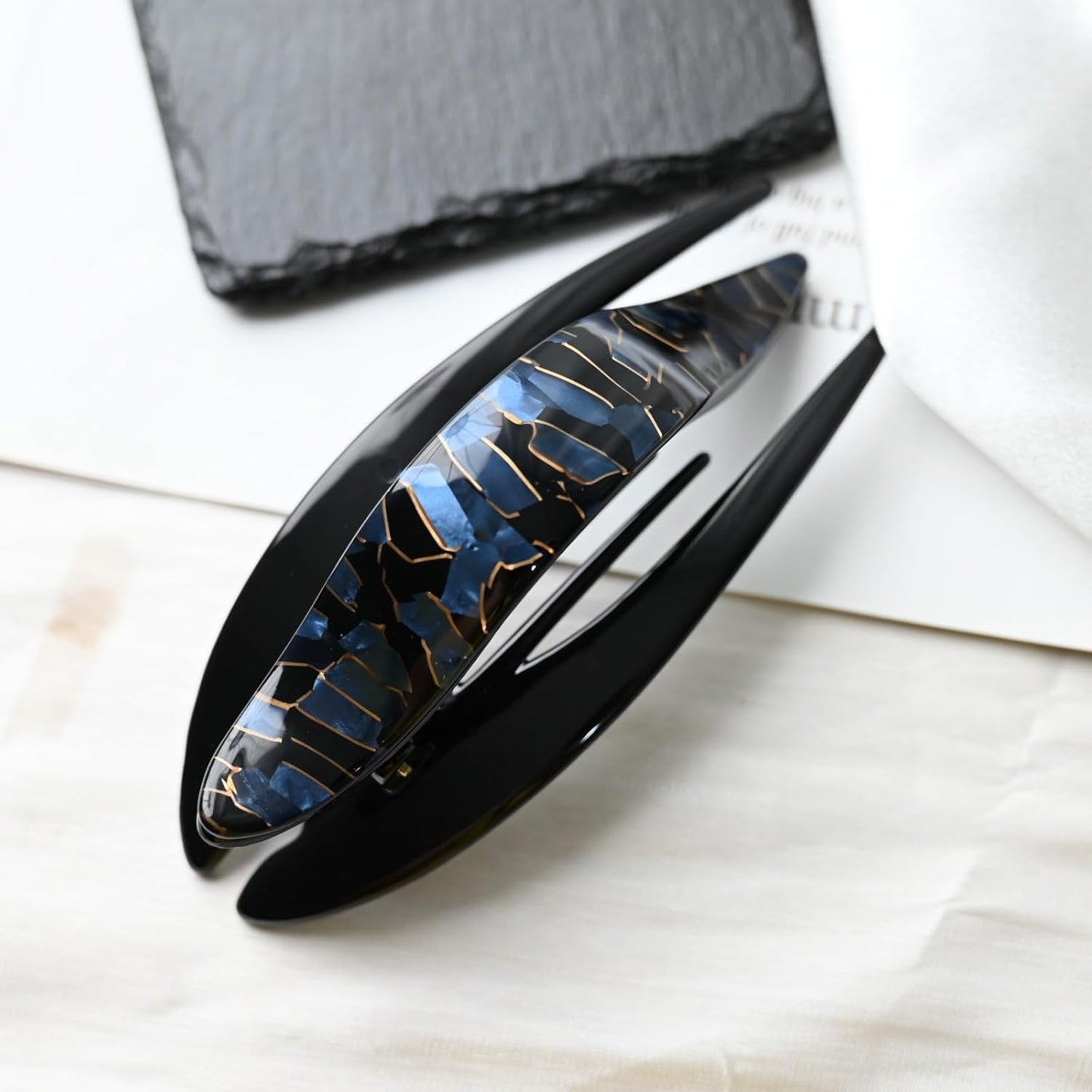 Handmade Celluloid French Design Tortoise Shell Barrettes Side-slide Opening Duck Luxury Fashion Accessories Hair Clip Claw for Women (marbleblue)