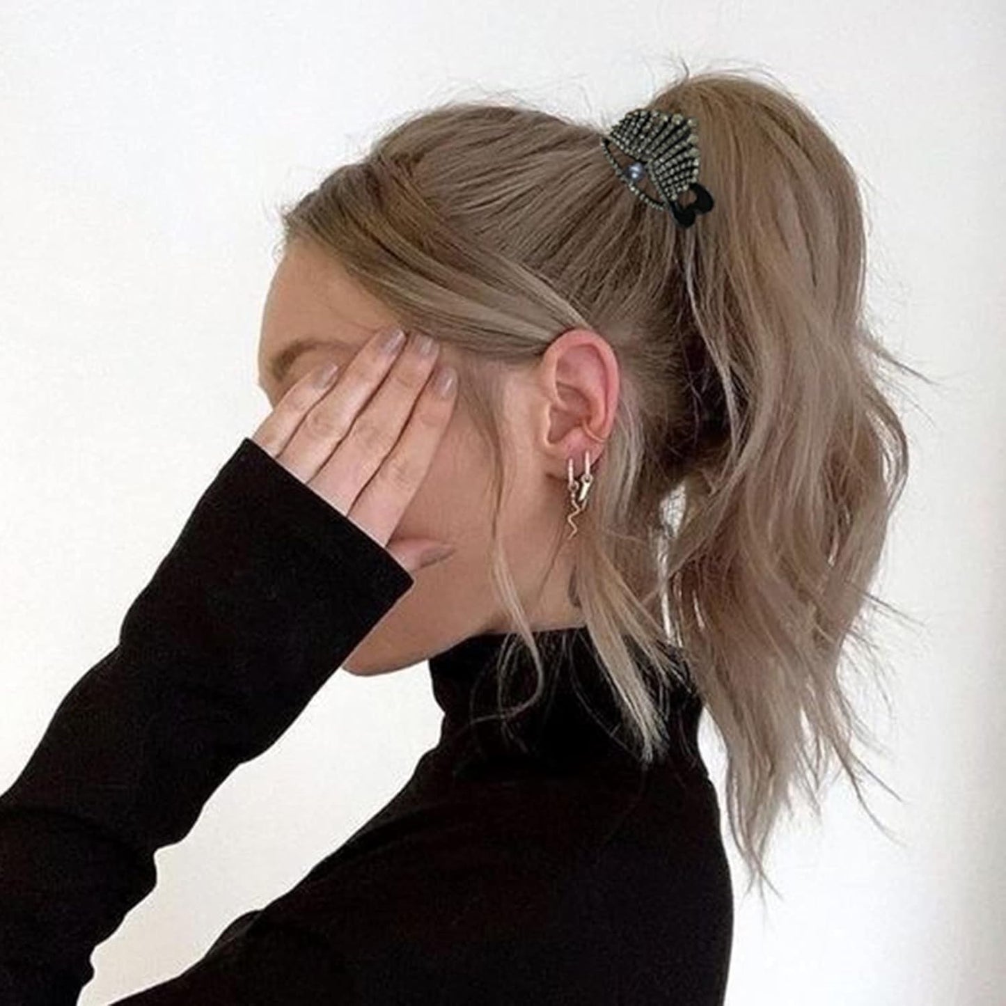 FRDTLUTHW 1.77Inch Small Hair Claw Clips for High Ponytail, Rhinestone Shark Hair Clips for Women Thick Long Hair (Black,Pack of 3)