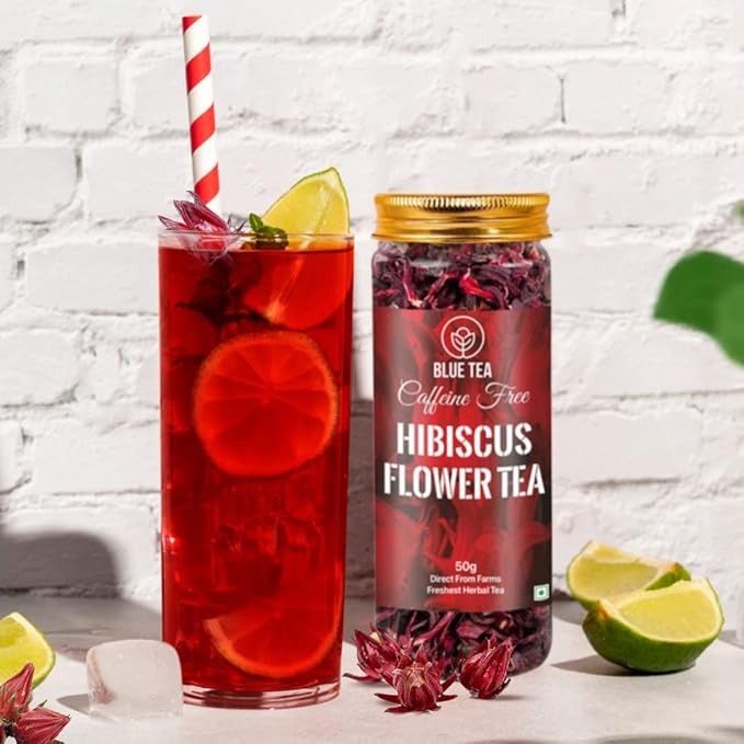 BLUE TEA - Hibiscus Tea - 1.76 Oz - Pack of 2 (100 Cups) Loose | SKIN GLOW ENHANCING TEA | Herbal Tea - Flower Based - Non-Bitter - Caffeine Free - Tangy Flavour - Vegan | Reusable Pet Jar