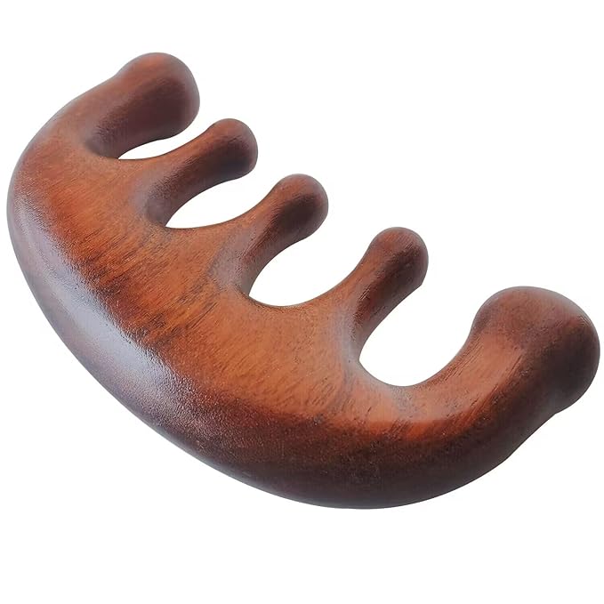 Wooden Massage Comb - 100% Natural Handmade Pure Wood Five-tooth Meridians Scalp Massager - No Static Wide Tooth Comb for Head - Scraping Massage Tool (Plain Style)