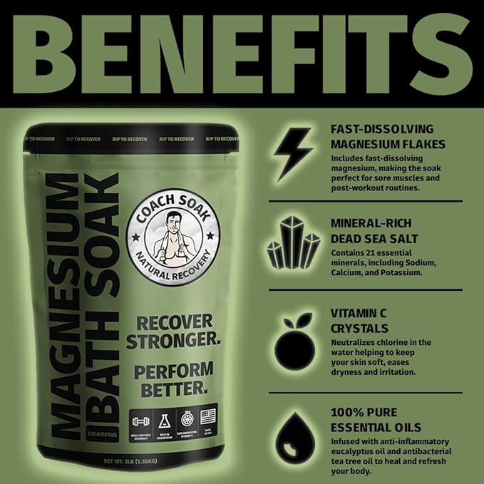 Coach Soak: Recovery Bath Soak – Rejuvenating Post Workout Natural Magnesium Flakes - 21 Minerals, Essential Oils & Dead Sea Bath Salts - Absorbs Faster Than Epsom Salts, 3lbs (Eucalyptus Tea Tree)