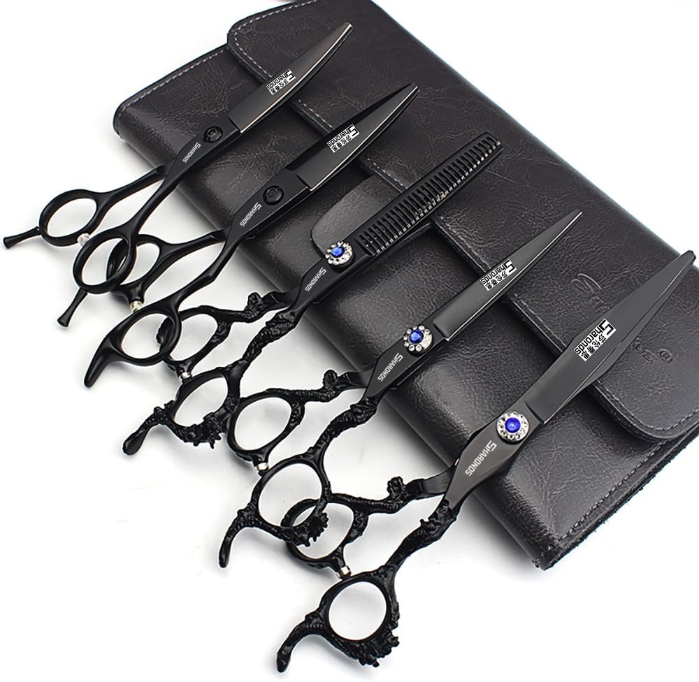 6+7 inch hair stylist barber scissors black plate dragon 440C hairdressing cutting scissors+thinning scissors (5PC)