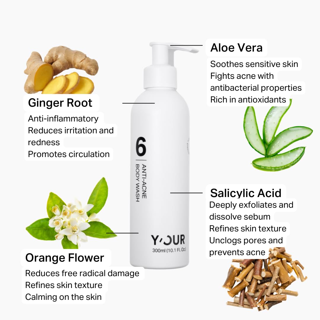 Y'OUR Acne Clearing Body Wash | Gentle & Non-Drying Salicylic Acid Formula | For All-Over Body Use - Smooths Texture & Evens Tone | Clears Bacne & Breakouts for Women + Men, Paraben & Sulfate Free
