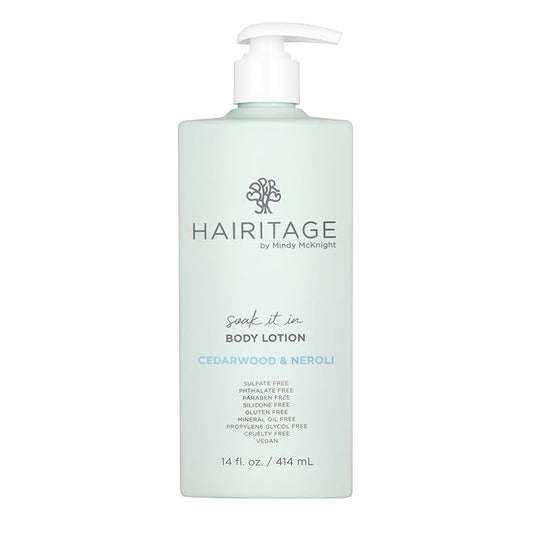 Hairitage Soak It In Cedarwood & Neroli Scented Body Lotion - Skin Moisturizer & Hydrating Lotion - Niacinamide, Jojoba Oil, & Avocado Oil -All Skin Types - Rosemary & Orange Essential Oils, 14 fl oz