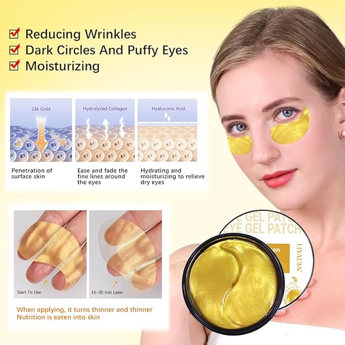 LIYALAN 24K Gold Under Eye Patches for Dark Circles and Puffiness Eye Mask Skin Care Products for Puffy Eyes Beauty for Women 60Pcs