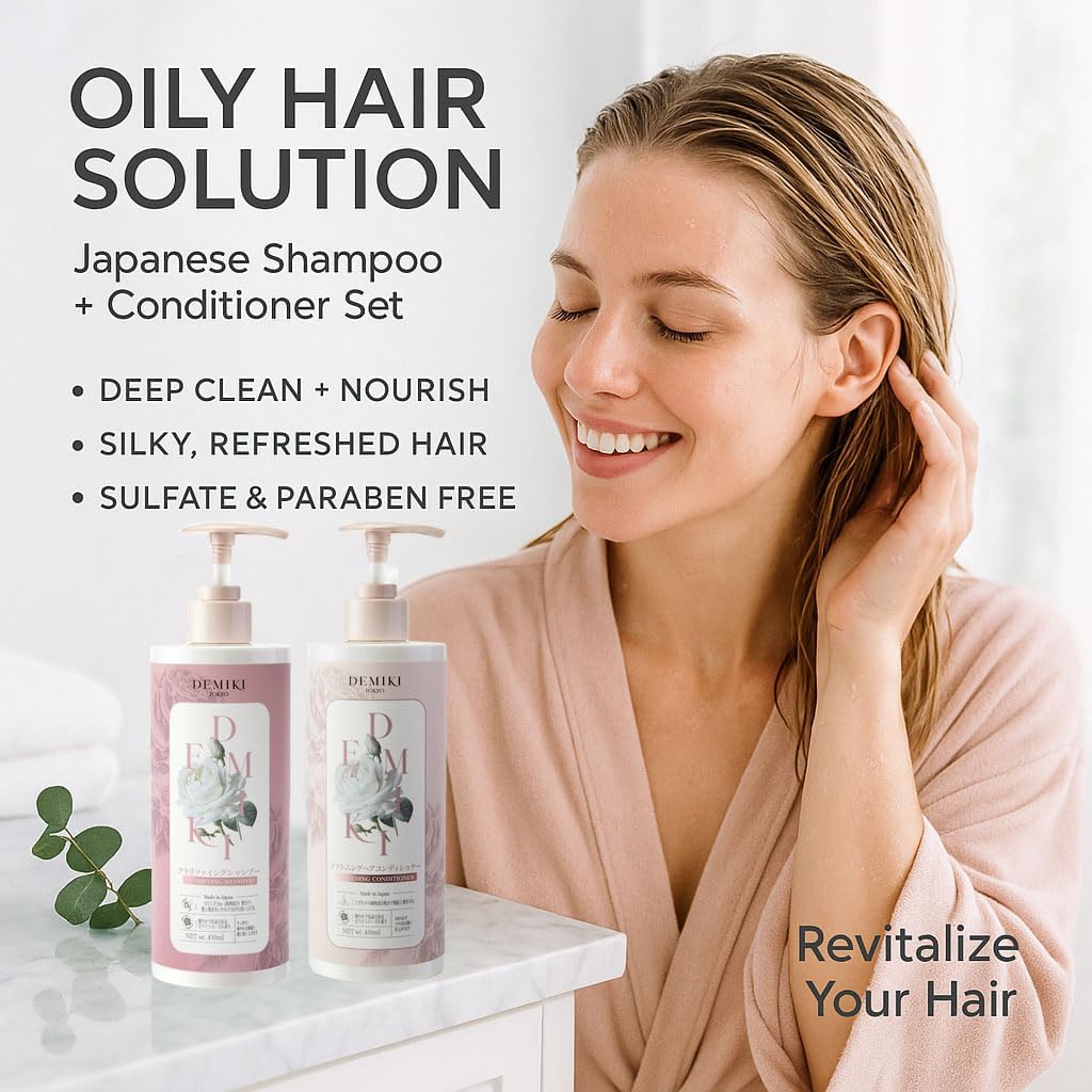 DEMIKI Japanese Shampoo and Conditioner Set for Women, Shampoo and Conditioner Set for Oily Hair, Sulfate Free, Rose Scent, Anti Dandruff, Clarifying, Moisturizing, Hydrolyzed Keratin Hair Care, 32oz