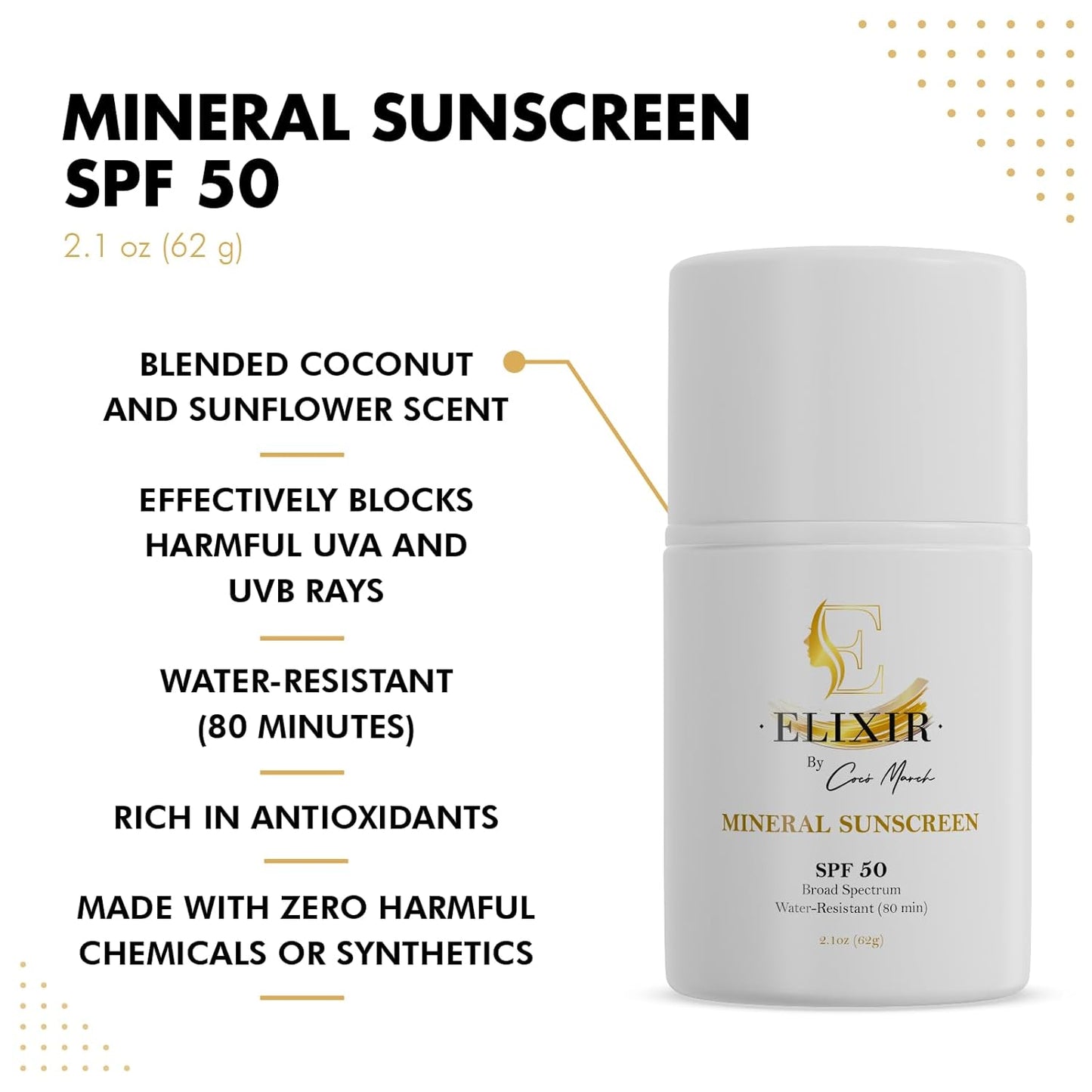 Elixir by Cocó March Broad Spectrum Mineral Sunscreen SPF 50 Sun Protection, Water-Resistant-80 min, Hydrates and Enhances Skin, Adults and Children- 2.1 Oz 59 g