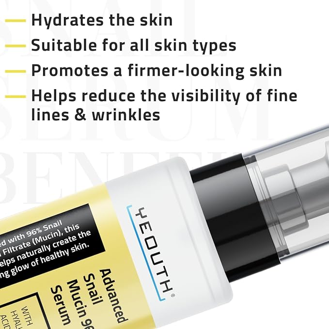 YEOUTH Snail Mucin Serum for Face, Hydrating Advanced Snail 96 Mucin Power Essence, Face Serum with Hyaluronic Acid, Lightweight, Fast-Absorbing & Non-Sticky 3.4 oz