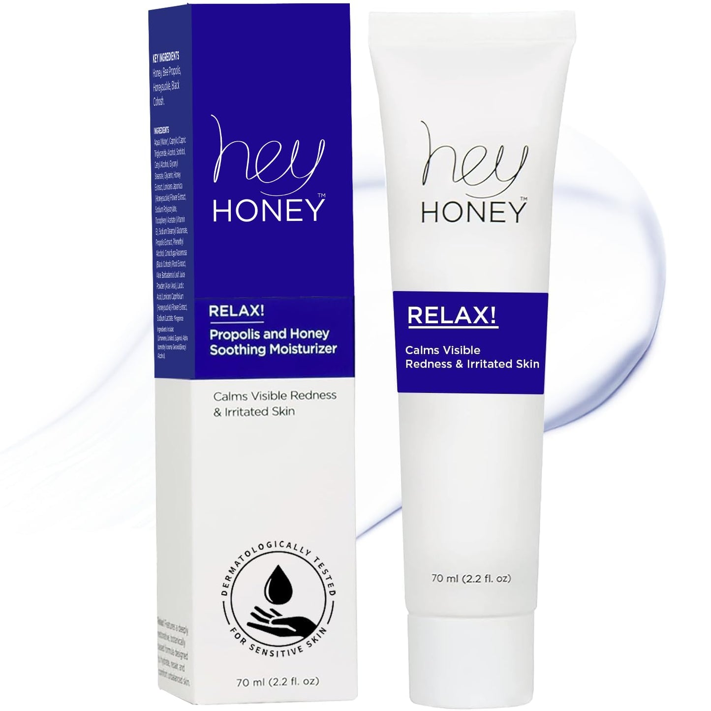 Hey Honey Skincare Relax - Rosacea Relief Cream for Sensitive Skin | Calming Face Moisturizer for Facial Redness & Irritation | Dermatologist Tested, Oil-Free with Honey & Propolis | 2.2 Oz
