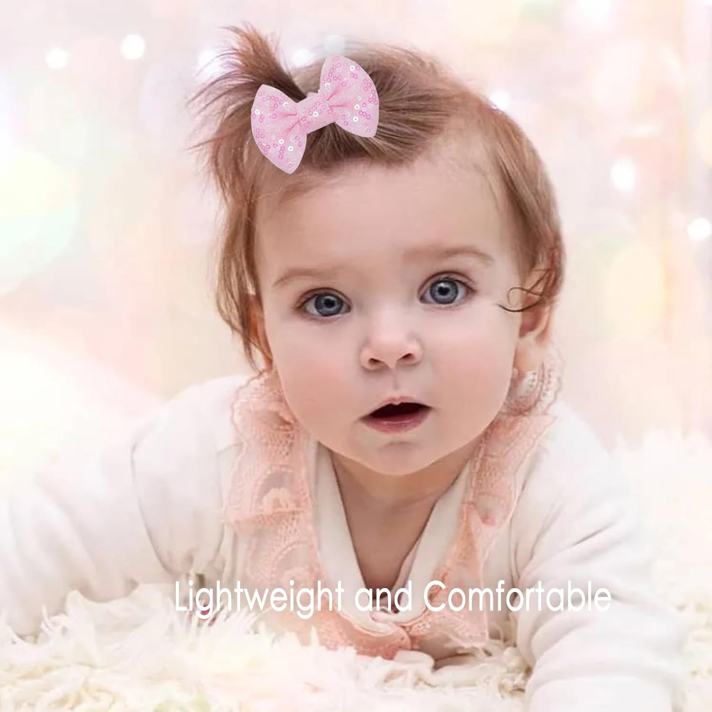 KISZU 3 Inch Glitter Hair Bows Clips, Sparkling Sequin Little Bow HairPins for Baby Girls Children Teens and Women (Light Pink)