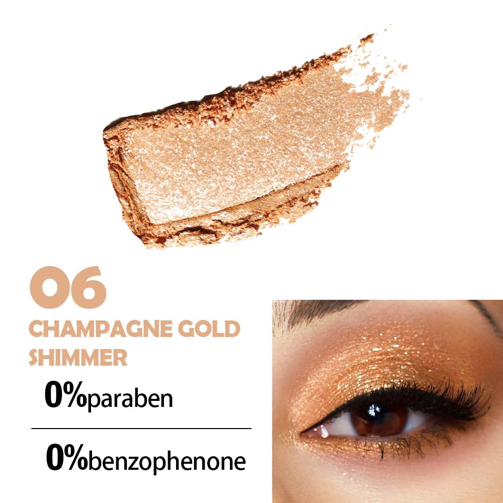 Eyeshadow Single Glitter, High-Pigment Monochrome Eye Shadow Pressed Powder, Everyday Velvety Silky Eye Makeup Looks, Professional Long-Lasting Waterproof Single Eyeshadow Palette, Champagne Gold 06