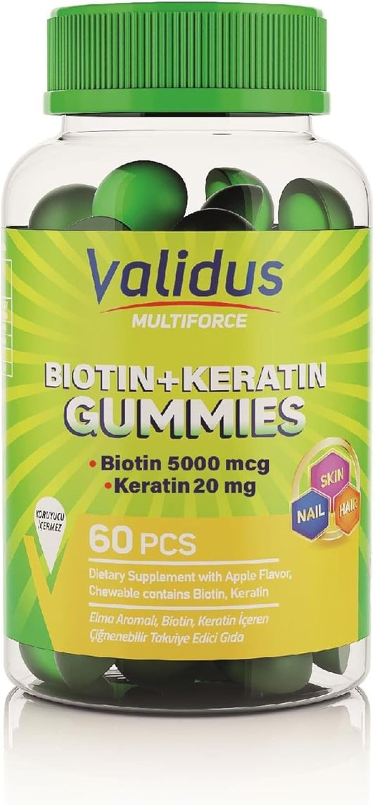 Validus Premium Biotin + Keratin Gummies for Hair, Skin & Nail Support – 60 Vegan Gummies w/ 5000mcg Biotin & Natural Keratin for Healthy Hair Growth, Strong Nails & Radiant Skin, Non-GMO, Gluten-Free