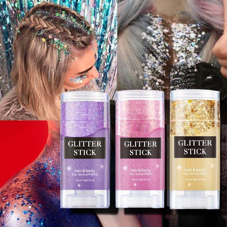 Christmas Body and Face Glitter Stick, Holographic Sparkling Neon Outfit Singer Concert Music Rave Festival Accessories Hair Glitter Gel Makeup. (Red &Green & White)