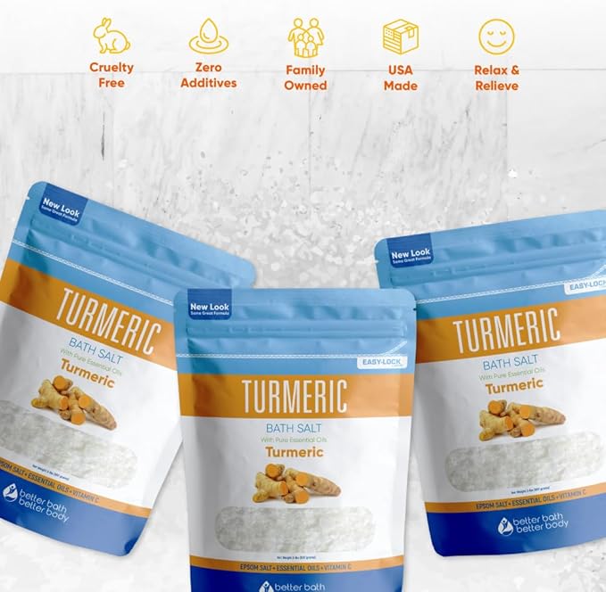 Turmeric Bath Salt (3 Pack with Scoop 6 Lbs Total) Total Bath Aromatherapy Pure Essential Oils in BPA Free Pouch with Press Lock Seal Made in USA Three 2 Lbs Bundle