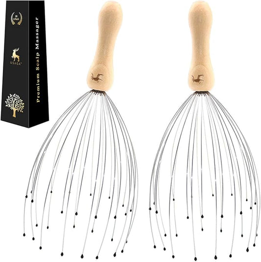 USAGA 28 Finger Head Scratcher, Head Massager, Scalp Massager for Scalp Body Relaxing Wood Handle (2 Pack)