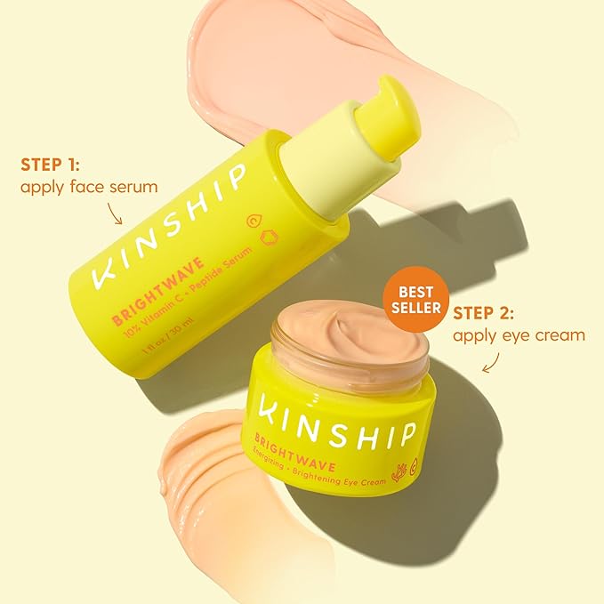 Kinship Brightwave Vitamin C Face + Eye Duo - 10% Vitamin C Serum (1 Fl Oz) + Brightening Eye Cream (0.5 Oz) | Fade Dark Spots - Reduce Fine Lines, Wrinkles, Dark Circles + Puffiness - All Skin Types