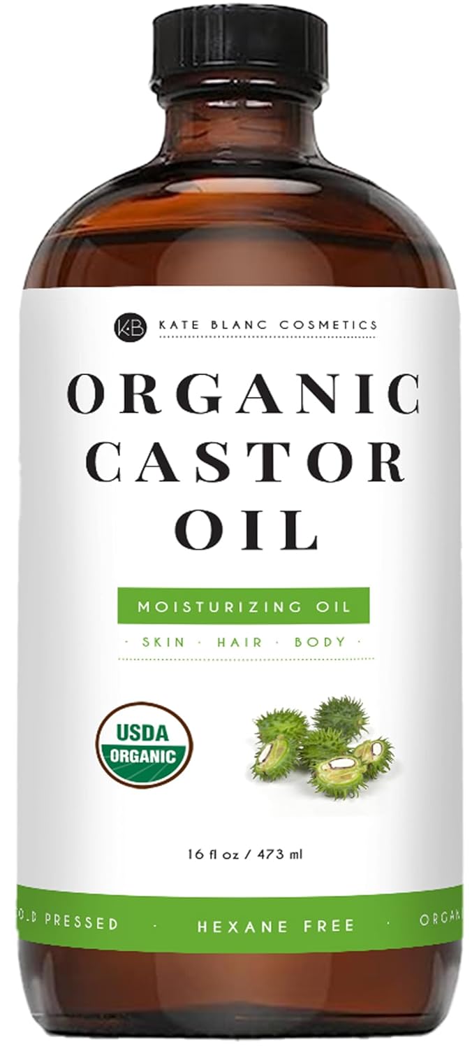 Kate Blanc Cosmetics Castor Oil for Face, Hair & Skin (16oz, Organic, Cold Pressed, Hexane-Free) Moisturizer for Eyelashes, Eyebrows, and Scalp