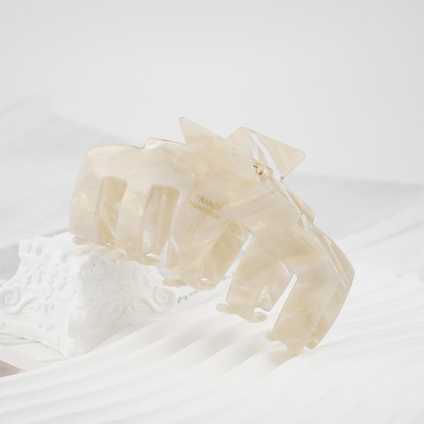 2 Pack French Handmade Marble Acetate Claw Clips, Cream & Gray Large Hair Claw Clips for Thick Hair, Luxury Hair Accessories