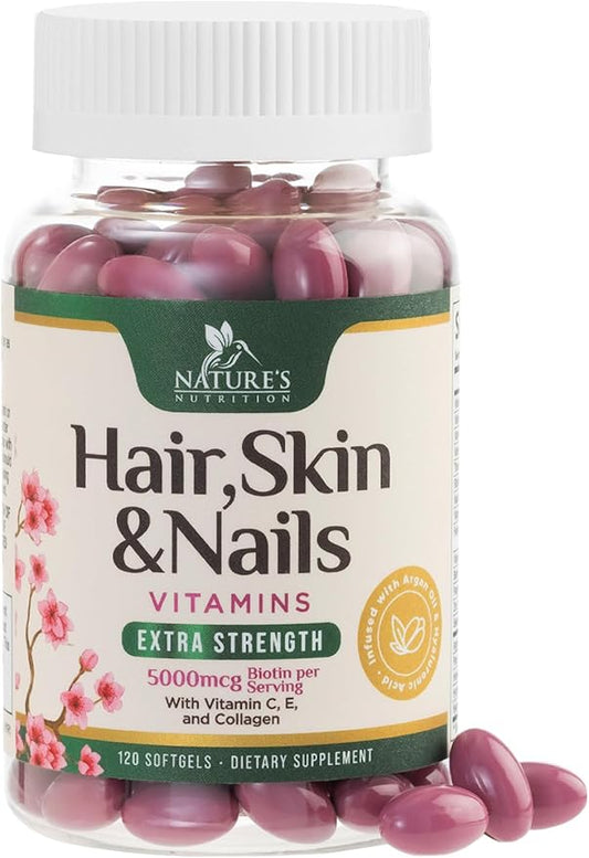 Hair Vitamins Women, Ultra Strength 5000mcg Biotin, Collagen, PABA & More - Womens Hair Growth, Skin, Nails & Keratin Support Supplement, Infused w/ Argan Oil & Hyaluronic Acid, Non-GMO - 120 Softgels