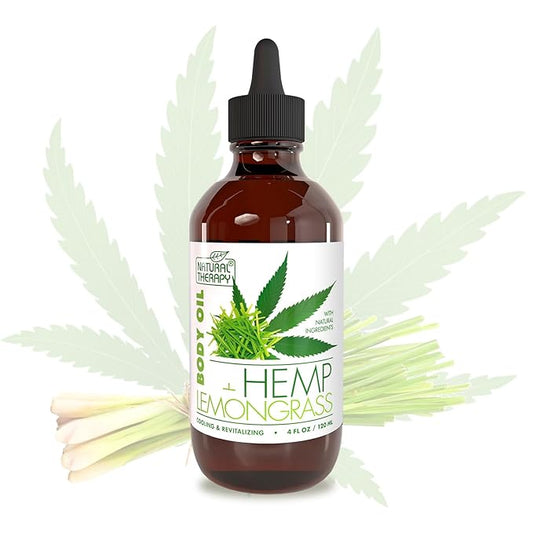 Natural Therapy Body Oil with Hemp & Lemongrass - Dry Skin Moisturizer and Hydrating Massage Oil - Increase Skin Elasticity and Provide Anti-Aging Support for Face and Body (4 fl.oz)