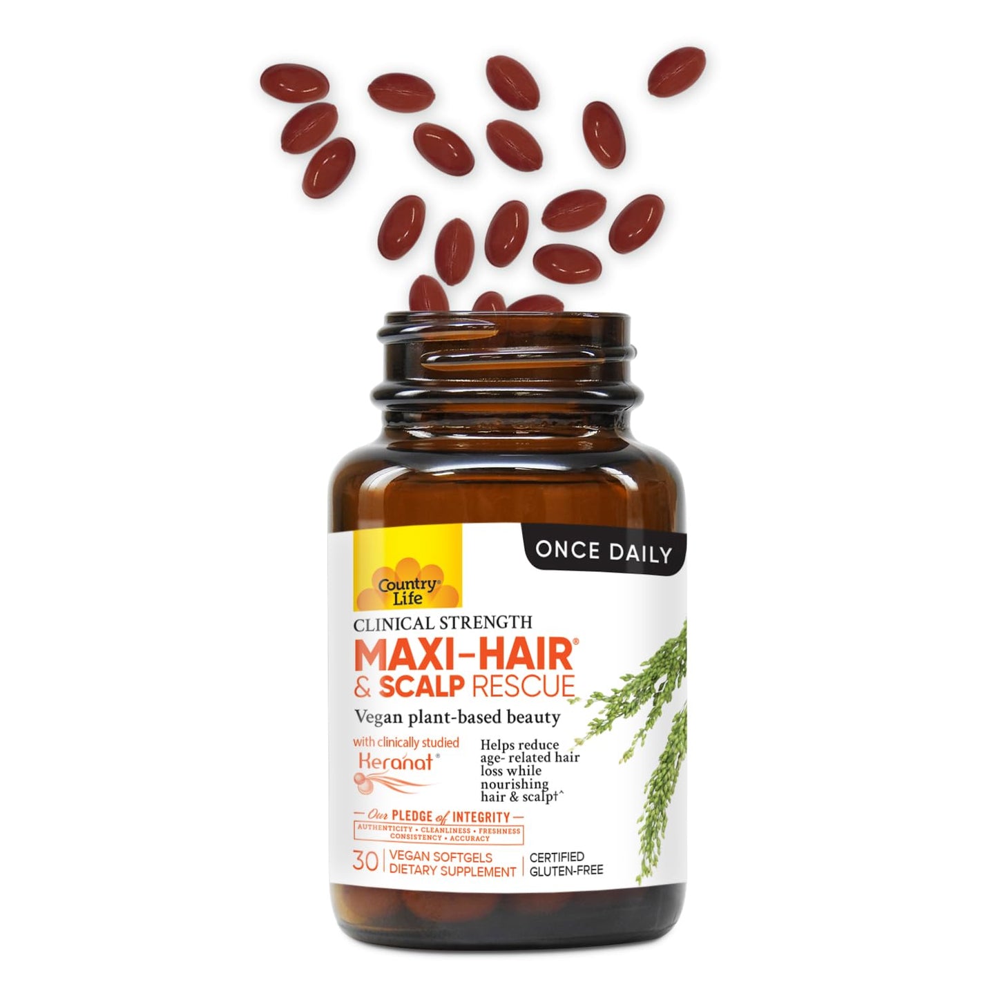 Country Life Maxi-Hair & Scalp Rescue, Clinical Strength Plant-Based Beauty, 30 Softgels, Gluten Free