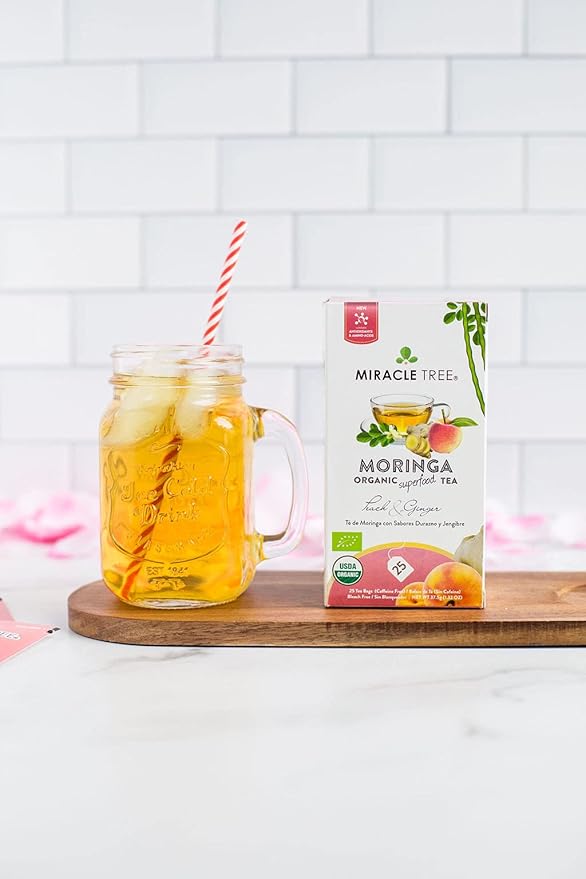 Miracle Tree - 6 Count of Organic Moringa Superfood Tea, 25 Individually Sealed Tea Bags, Peach & Ginger (Keto, Detox, Energy/Immunity Booster, Vegan, Gluten-Free, Organic, Non-GMO, Caffeine-Free)