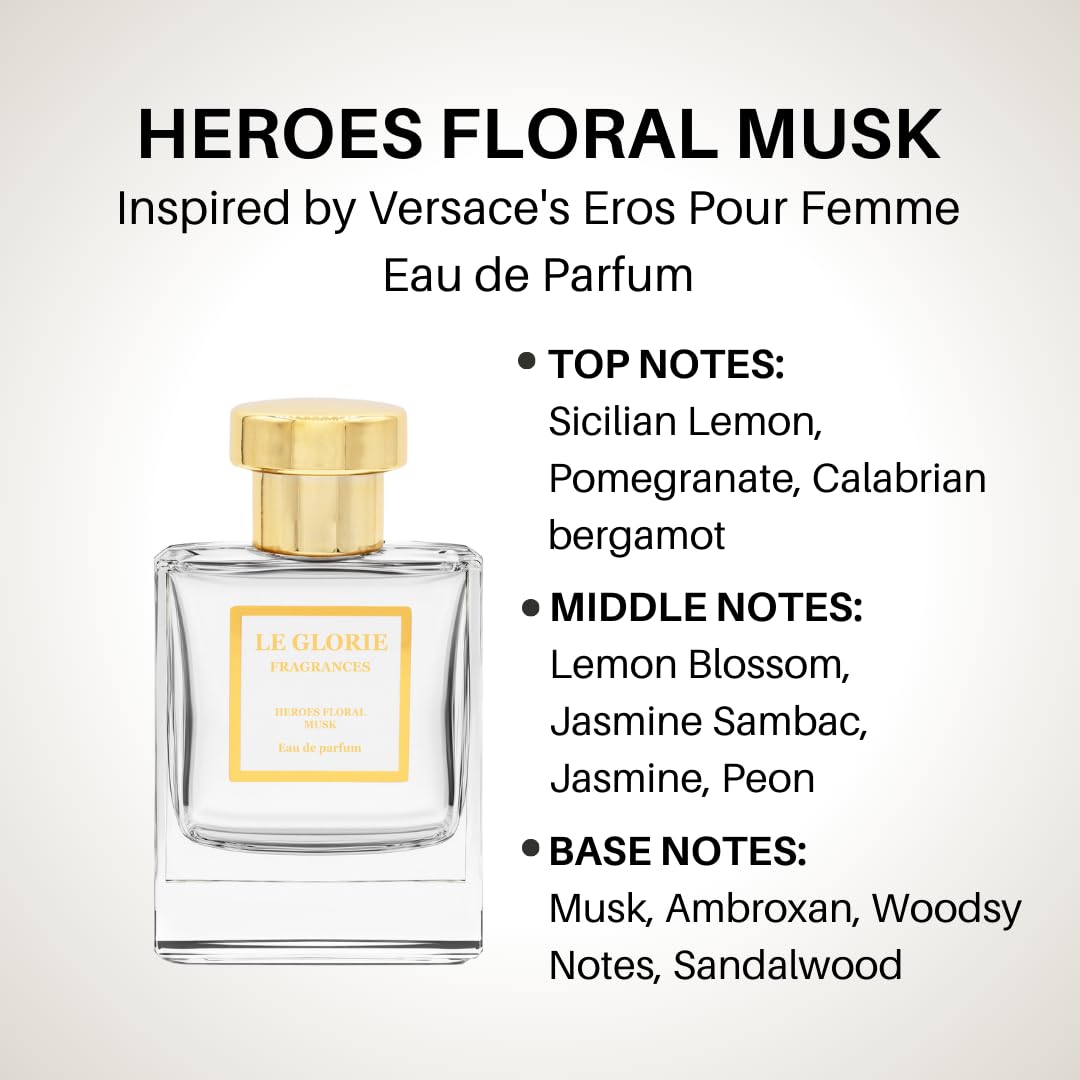 Inspired by V*rsace's Eros Pour Femme Eau de Parfum, Heroes Floral Musk EDP, Long Lasting 12-14 Hours Perfume Spray for Women, All Skin Types, Cruelty Free - 1.7oz 50ml