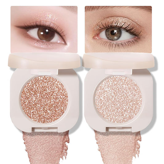 2Pcs Glitter Shimmer Sparkle Eyeshadow Palette Makeup For Mature Women, Light Brown Pearl White Glitter Shimmer Metallic Holographic Multichrome Cream Iridescent Single Monochrome Eye Shadow Makeup