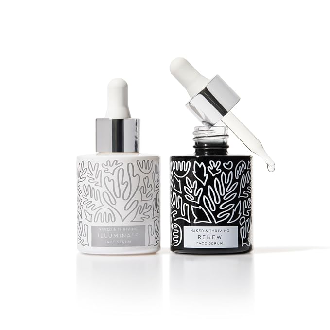Naked & Thriving Wrinkle-Fighter Set, Includes Renew Resurfacing Night Serum (30 mL) & Illuminate C+ Serum (30 mL), Clinical Results, Dermatologist Loved, Hylauronic Acid & Bakuchiol (Set of 2)