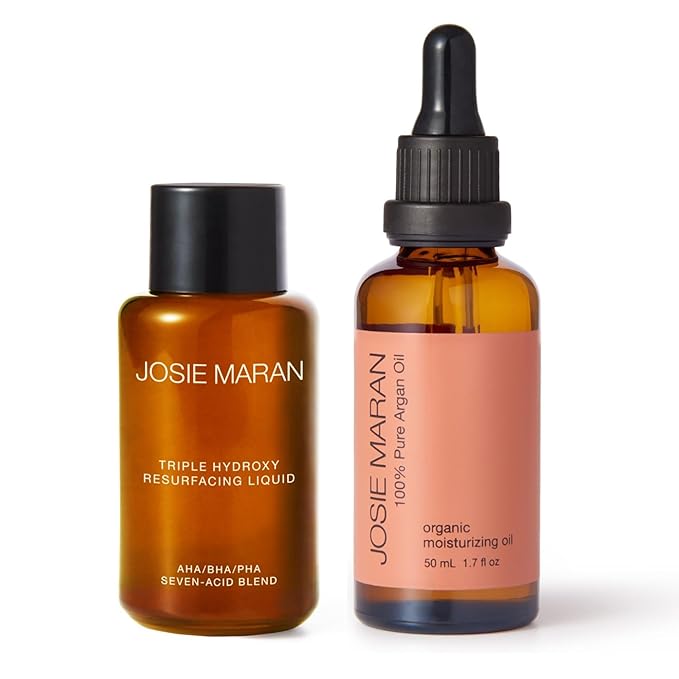 Josie Maran Pure Argan Oil + Liquid Exfoliant Kit - Anti Aging Hyperpigmentation Treatment & Hydrating Argan Oil for Dry Skin - Body Skin Care Products For Everyday Use (3.4 oz)