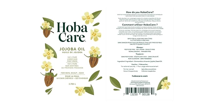 HobaCare 100% Pure, Unrefined Jojoba Oil for Skin & Nails - Moisturizing Body Oil & Face Moisturizer for Dry Skin - Natural Treatment for Hair & Beard Care (128 fl oz)