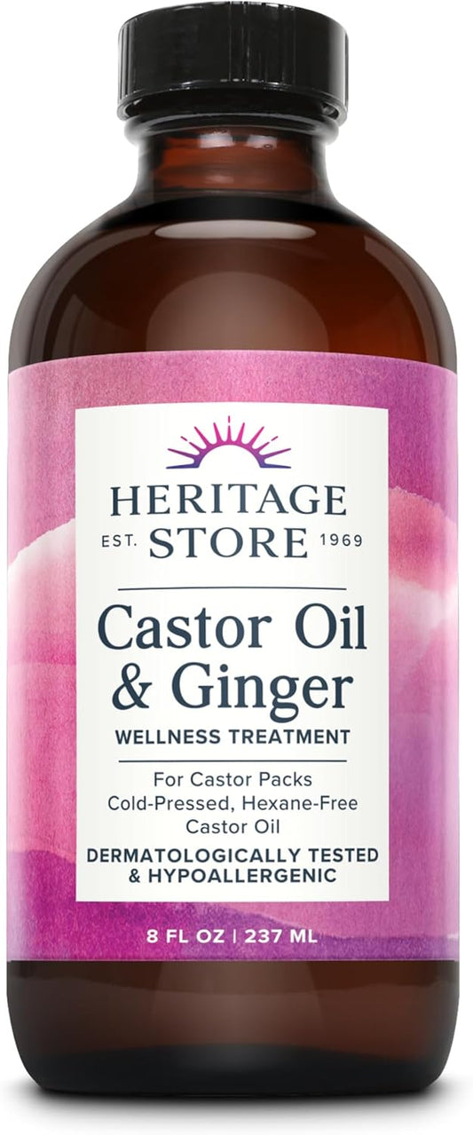 HERITAGE STORE Castor Oil & Ginger - Cold Pressed Organic Castor Oil Pack Wrap - Heat Compress for Abdomen, Joints, Overall Wellness with Calming Ginger - Hypoallergenic, Vegan, 60-Day Guarantee, 8oz