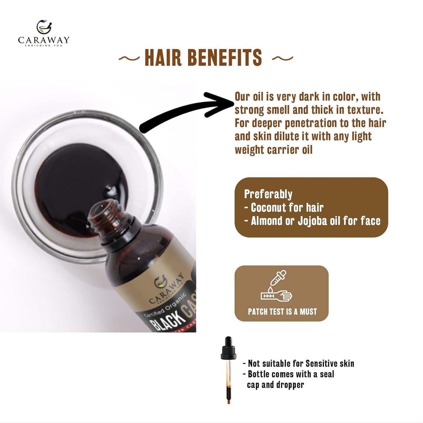 CARAWAY Jamaican Black Castor Oil for Hair Growth, Eyelashes & Eyebrows | Organic, Cold-Pressed & Unrefined | Deep Moisturizing Oil for Skin, Face & Scalp | Glass Bottle + Mascara Kit – 4 oz / 118 ml